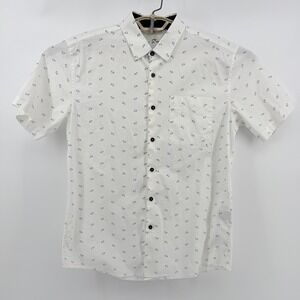 Bohio Mens M Short Sleeve Button Down Shirt White Blue Palm Tree Print Casual